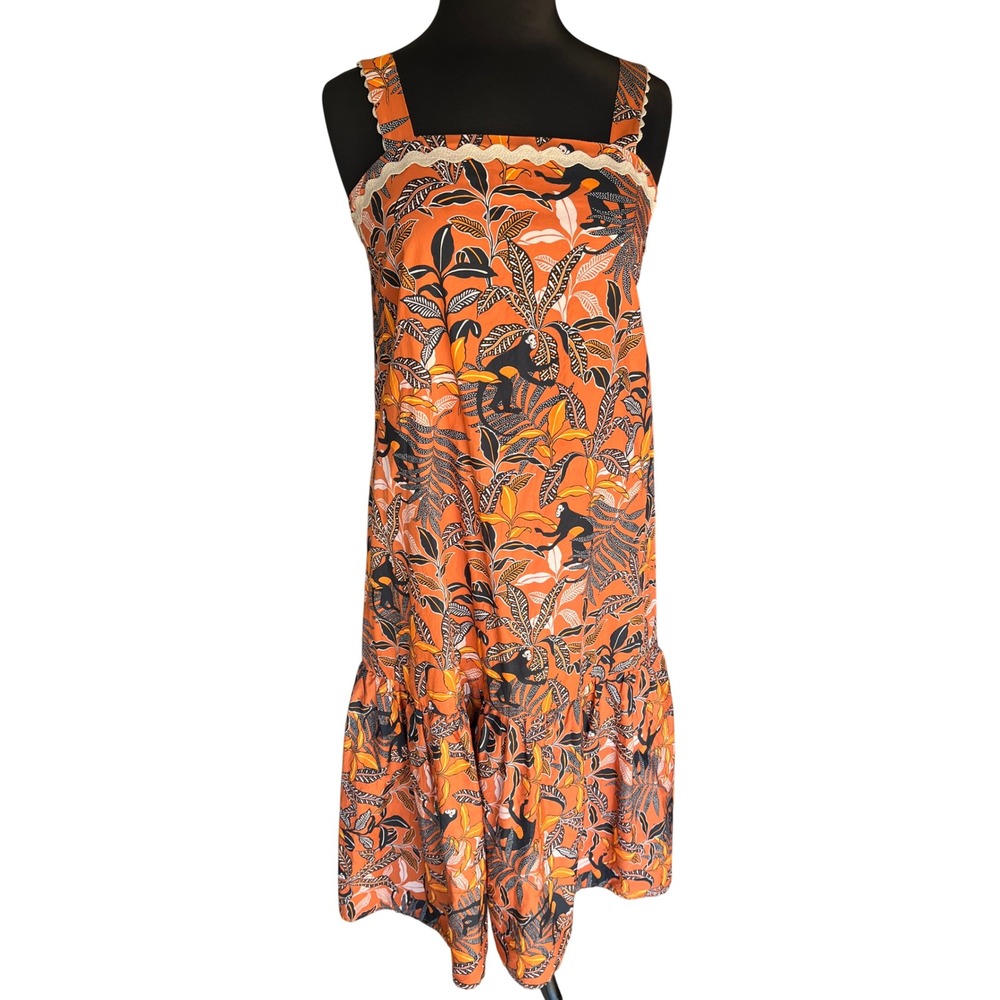 Corey Lynn Calter Orange Tropical Monkey Print Trim Ruffle Midi Dress